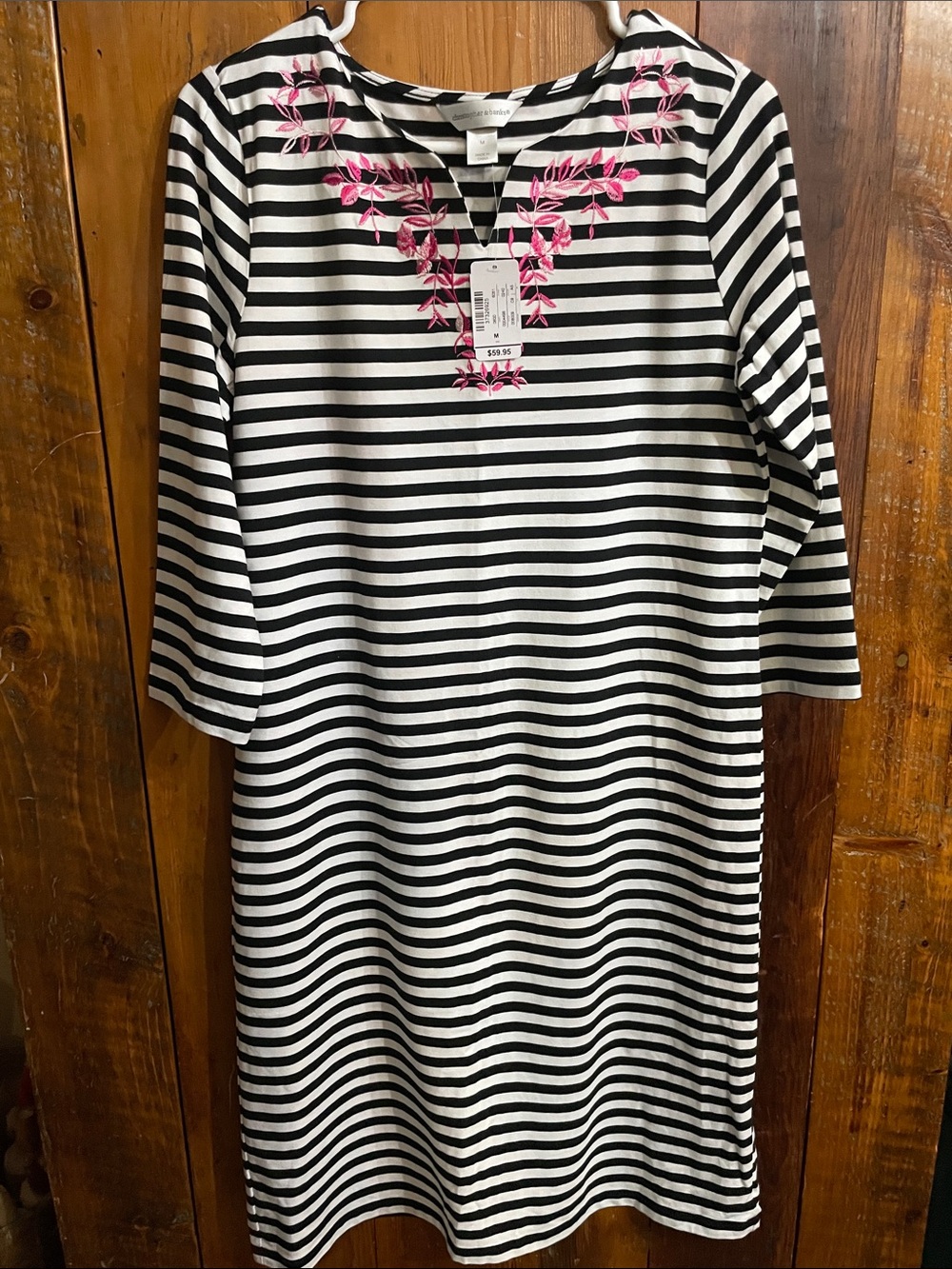Christopher & Banks Black & White Striped Midi Dress with Pink Floral Embroidery